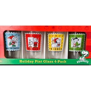 ICUP Snoopy‎ Peanuts Special Edition Holiday Stamps Christmas Pint Glass 4-Pack